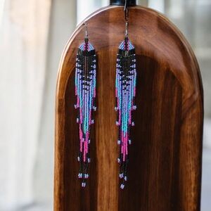 Long Multicoloured Gradient patterned beaded tassel earrings. New.